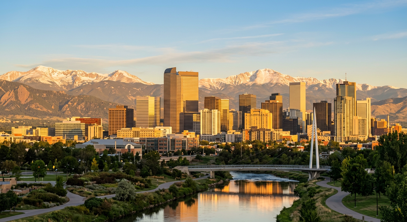 The Denver skyline at sunrise with the Rocky Mountains behind it