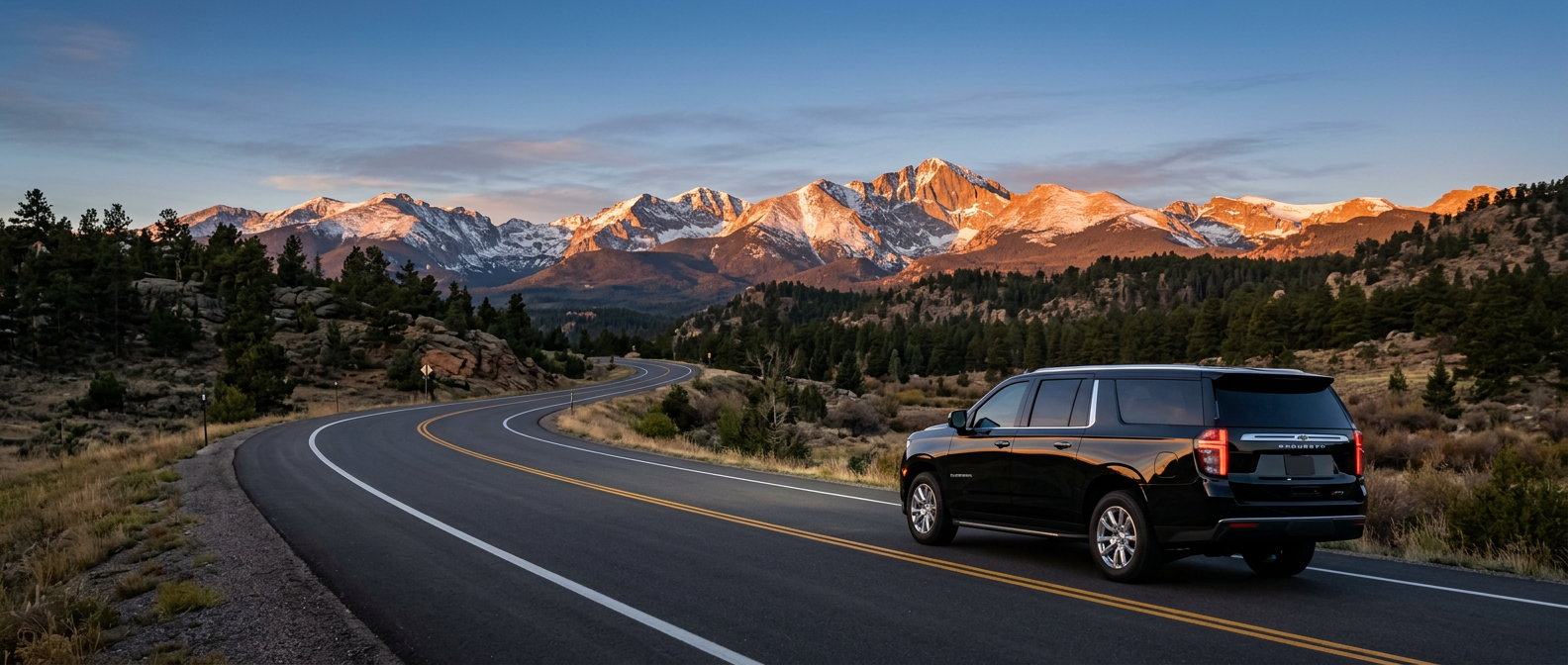 A black Suburban SUV on a highway curving toward the Rocky Mountains at sunrise